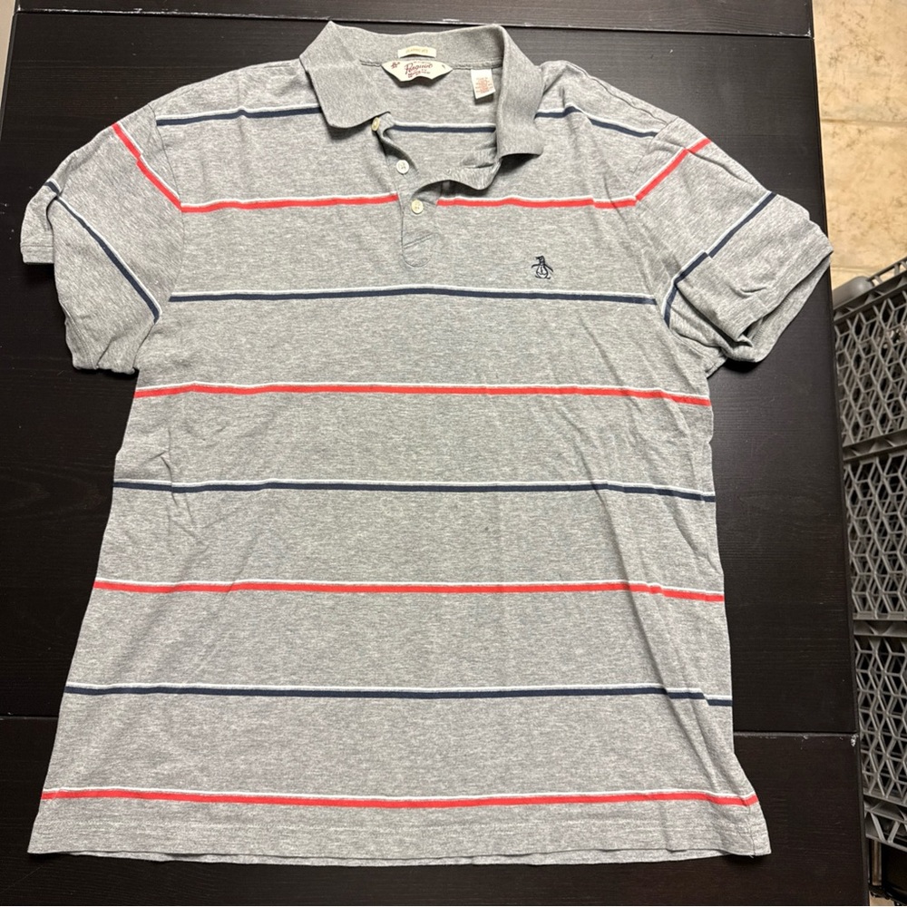 Original Penguin Polo Shirt with Gray, Red, and Blue Stripes